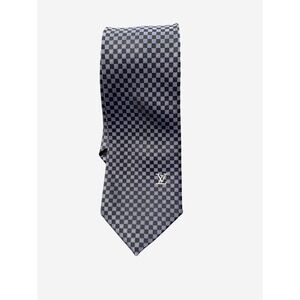 Louis Vuitton Mens Navy Blue Damier Checkered Silk Tie Embroidered LV Logo